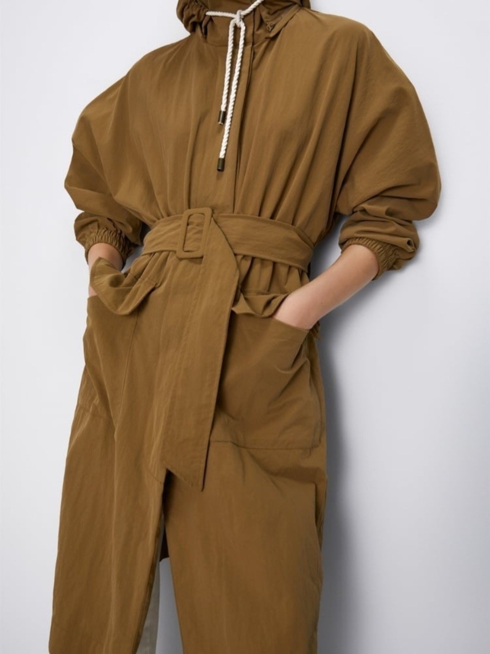 Zara Tan Funnel Neck Belted Trench Coat w/ Detachable Hood Fall 2026 Minimalist